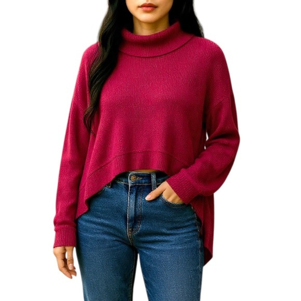 We The Free People Pink Funnel Neck Hi Low‎ Hem Knit Boho Casual Sweater Medium